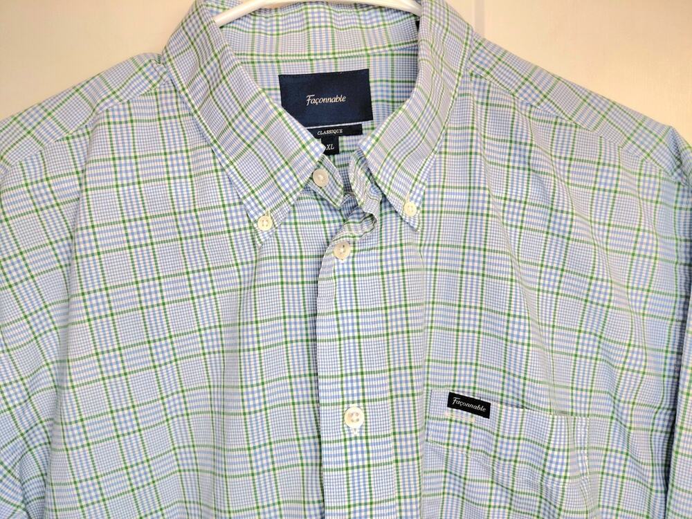 Façonnable Men’s Short Sleeve Plaid Button Down Shirt Blue Green White Size XL